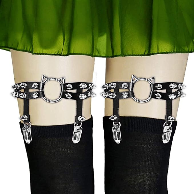 2pcs Adjustable Cat Leg Garter with Anti-Slip Clips, Elastic Punk Gothic Thigh Garter for Women and Ladies, 2 Pcs Black