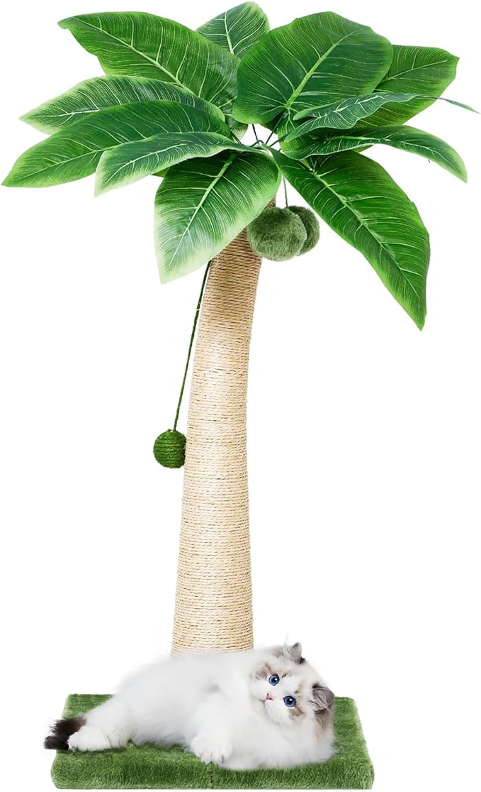 37 Inches Cat Scratching Post, Large Cat Scratching Post, Sisal Scratcher with 3 Hanging Pompoms for Indoor Cats (Short Square Base)