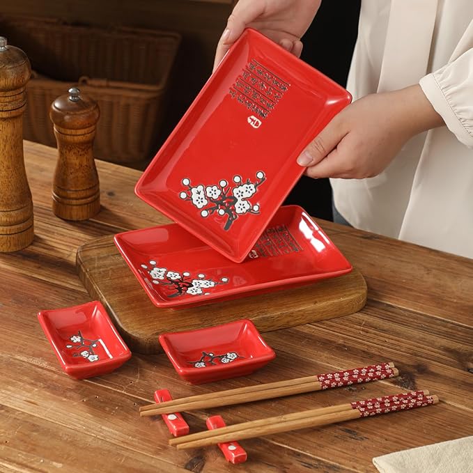 8 pcs Japanese Sushi Plate Sets Serving Platters and Trays for Entertaining Sushi Dishes Set Plates Sushi Plates Traditional Cuisine Dinnerware Sets with Chopsticks Red Plum
