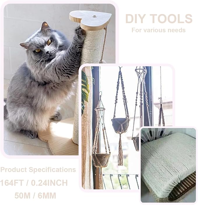Natural Jute Twine Hemp String for Cat Scratcher Post, 164FT, 6MM, Multipurpose Use