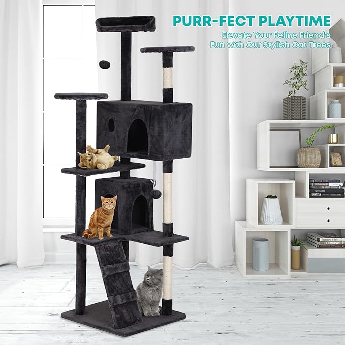FDW Cat Tree 70in Cat Tower Multi-Level Durable Cat Scratching Post & Cozy Fun Cat Jumping Platform Space Saving Cat Condo Pet Play House for Indoor Cats,Dark Gray