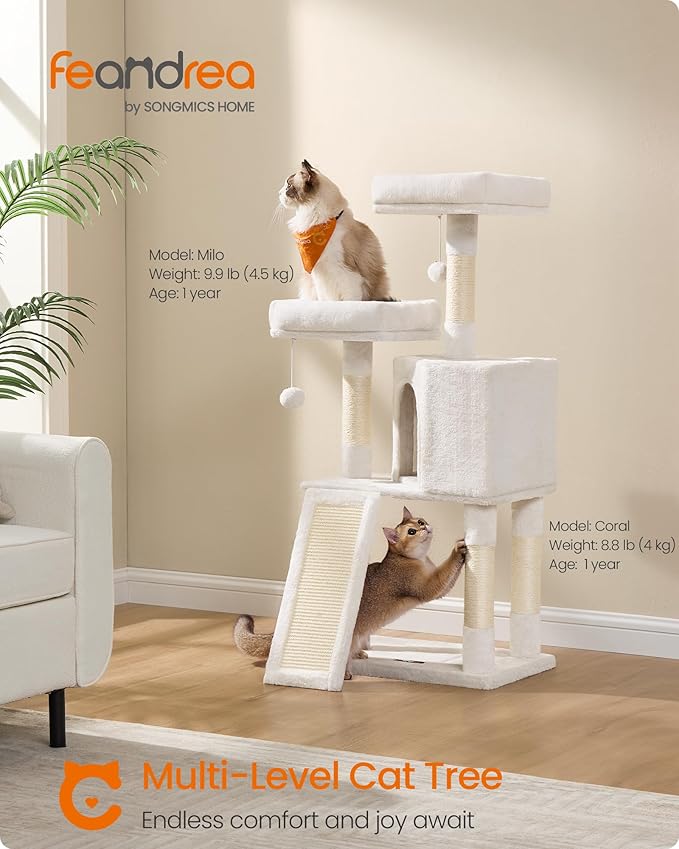 Feandrea Cat Tower, Cat Tree for Indoor Cats, 45.3-Inch Cat Condo with Scratching Post, Ramp, Perch, Spacious Cat Cave, for Kittens, Elderly Cats, Adult Cats, Small Space, Cream White UPCT141W02