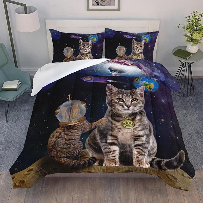 AILONEN Beige Cat Bedding Set Queen Size with Wearing Space Suit Cat Galaxy Planet Comforter Set for Kids Boys Girls,Rocket Starry Soft Breathable Duvet Set 3 Pieces, 1 Quilt and 2 Pillowcases