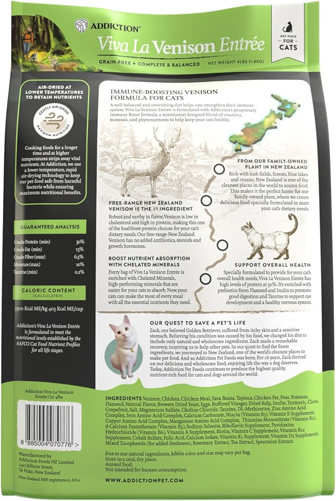 Addiction Viva Venison Cat Grain Free Dry Cat Food Complete Balanced Recipe for Healthy Digestion Crafted in New Zealand 4lb - 4 Packs