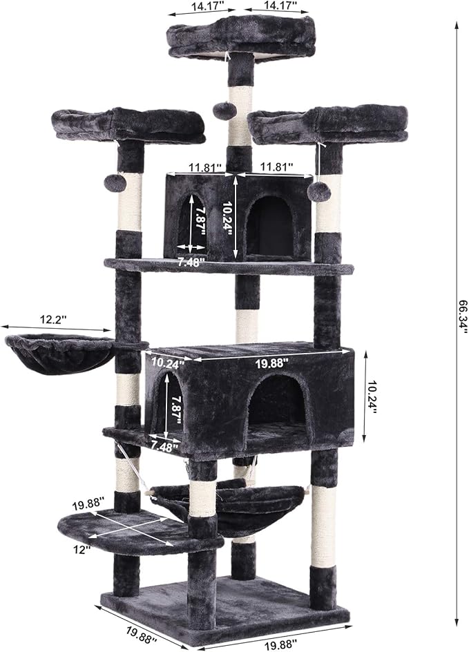 BEWISHOME Cat Tree 66.3 Inch Multi-Level Large Tall Cat Tower with Plush Top Perches, Sisal Scratching Post Cat Condo Play House Kitty Activity Center MMJ14H