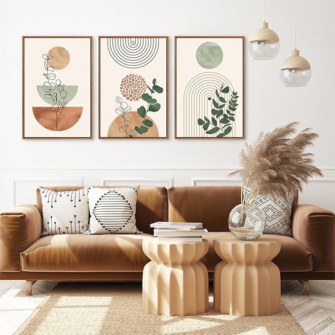 Ausril Boho Terracotta Green Framed Canvas Wall Art Set, Abstract Bohemian Wall Decor, Mid Century Modern Geometric Wall Painting, Neutral Botanical Art Print Living Room, Bedroom, Office 16"x24"x3