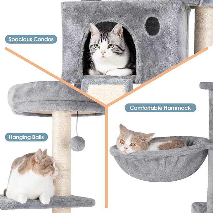 59" Large Cat Tree Tower for Indoor Cats Soft Plush Multi-Level Cat Condo House with Hammock, 2 Cat Cave, Scratching Post, Sisal Staircase, Grey
