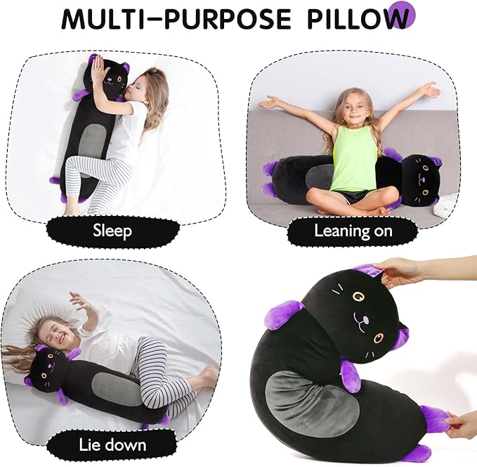 22” Long Cat Plush Body Pillow, Cute Black Cat Stuffed Animals, Lucky Kitty Squishy Soft Plushies Toy, Gifts for Kids Girls and Boys, Birthdays ﻿Easter
