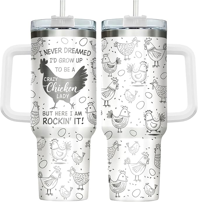 34HD Crazy Chicken Lady Tumbler with Handle and Straw, 40oz Engraved Mama Hen Coffee Mug with Lid, Funny Chicken Gifts for Girls Women on Birthday Mothers Day Christmas