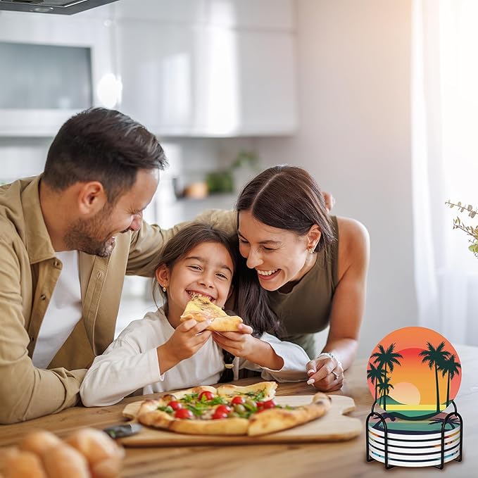 6 Pcs Drink Coasters with Holder,Palm Trees Beach Sunset Absorbent Round Ceramic Coaster for Tabletop Protection,for Coffee Cup Beverage Coasters Wine Beer Bar