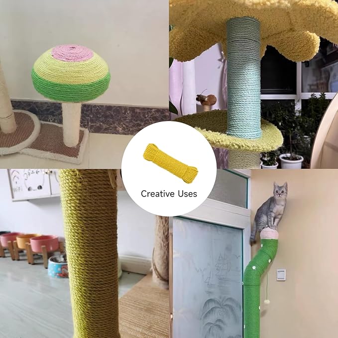 Multicolor Natural Hemp Rope, Cat Scratching Posts Replacement Rope,Repair and Replace Scratching Post cat Tree, 1/4" Rope Cat Scratch Post DIY Jute Twine,Come with a Play Ball(164FT, Yellow)