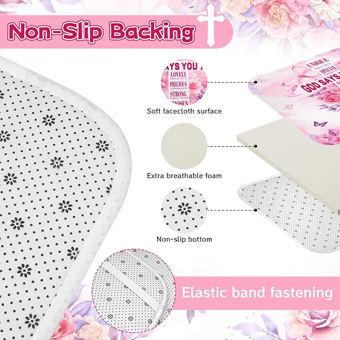 4 Pcs Pink Butterfly Inspirational Quotes Shower Curtain Set with Rugs and Toilet Lid Cover, Waterproof Fabric Bathroom Set for Women Girls, Bible Verse Floral Bathroom Decor with 12 Hooks