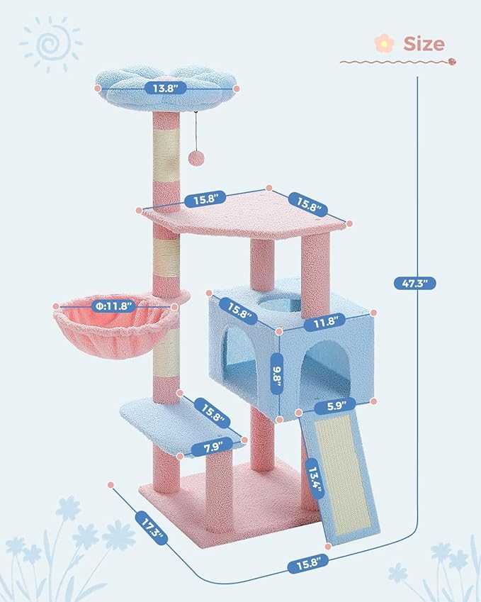 Flower Cat Tree 47.2" Multi-Level Cat Tower with Sisal Covered Scratching Posts, Cute Cat Condo for Indoor Small Medium Cats, Pink Top Perch, Ramp, Fluffy Ball, Blue