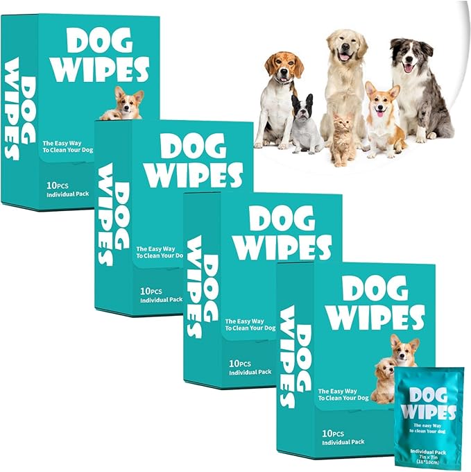 4 Pack Dog Individually Packaged Wipes Cat Wipes Pet Travel Wipes Pet Care Wipes Cat Dog Cleaning Wipes Perfect Travel Companion for Dogs and Cats(40 Counts)