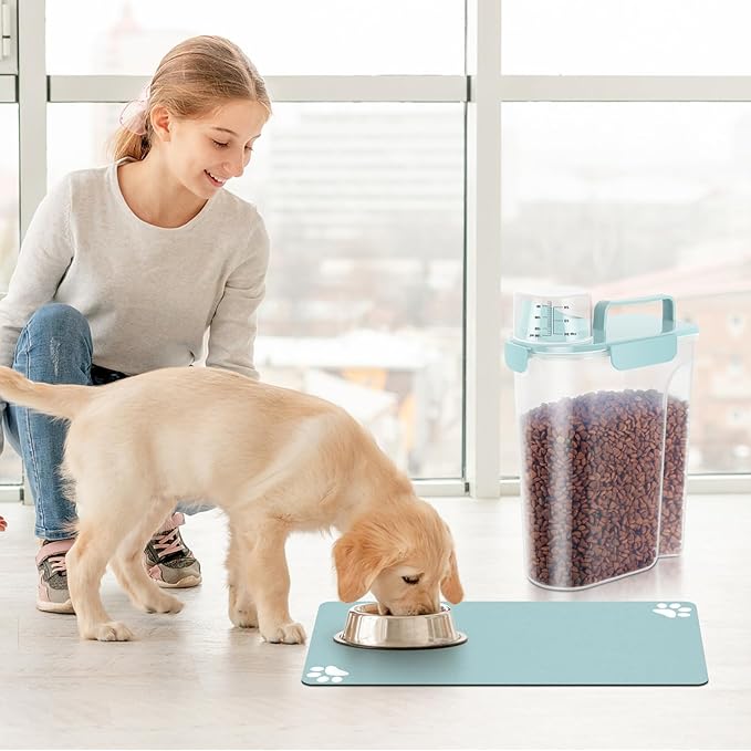 5-7Lbs Portable Airtight Dog Cat Food Container, match pet feeding mat Clean and convenient, making less messy,translucent Storage Bin for Small Animal Kibble,Bird Seed,Oatmeal,Rice-Sky Blue