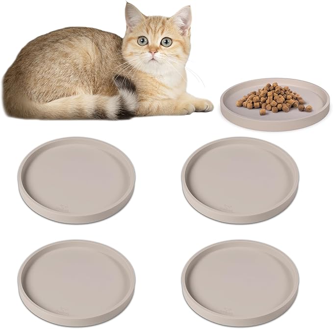 Arespark Pet Silicone Food Mat, Set of 4 Nonslip Waterproof Feeding Bowl Mat with Raised Edges for Food and Water Prevent Spills, Round Eating Tray for Dog Cat Puppy Kitten, 6'' x 6''
