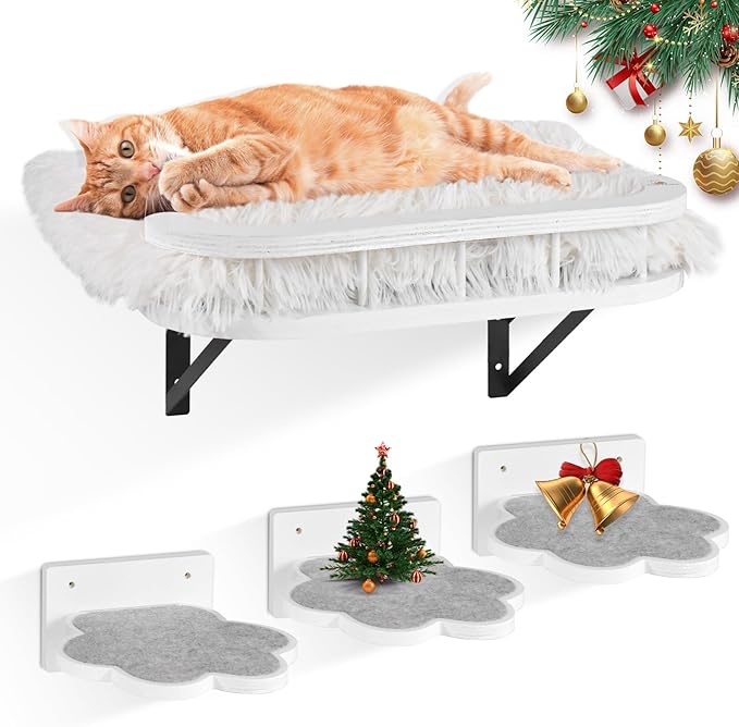 Cat Wall Shelves with Cooling Mat and Plush Cushion, Cat Shelves and Perches for Wall with 3 Wall Steps, Cat Wall Furniture Cat Climbing Shelf Cat Scratching Post for Sleeping, Playing, Gift for Cat