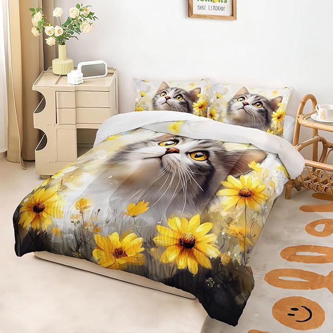 AILONEN Cat Comforter Set Full Size for Kids,Yellow Flower Kitten Comforter Set,Boys Girls Cat Bedding Set,Soft Lightweight,1 Comforter with 2 Pillowcases,3 Pieces