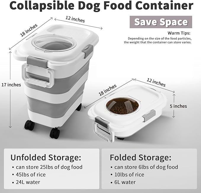 25 Lbs Dog Food Storage Container, Collapsible Dog Food Container with Scoop for Pet/Dog/Cat/Bird Food,Keep Dry Food Fresh,Easy to Move (White)