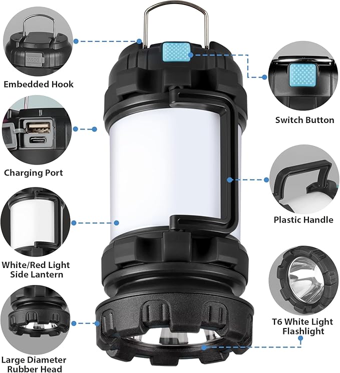 2 Pack Camping Lantern, Outdoor LED Camping Light, Rechargeable Flashlights with 1000LM, 6 Modes, 4000mAh Power Bank, IPX5 Waterproof Portable Emergency Camp Light for Hurricane Survival - Black