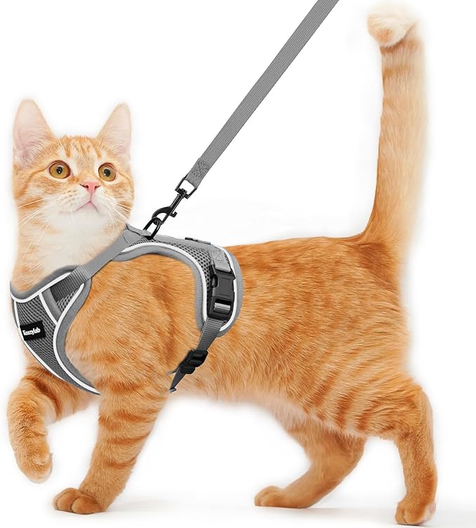 Cat Harness and Leash for Walking Escape Proof Soft Adjustable Cat Leash Breathable Comfortable Vest Easy to Wear Kitten Harness for Outdoor Travel Grey S