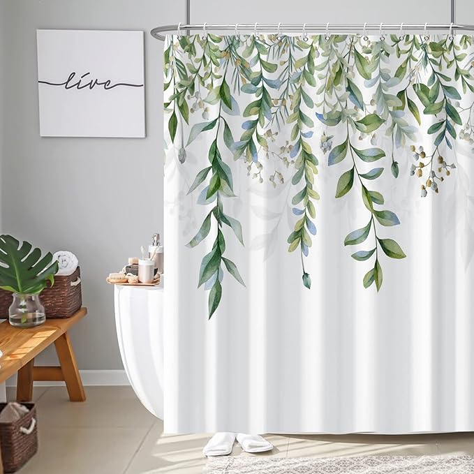 AWERT Green Mixed Light Blue Plant Shower Curtain with 12 Hooks Decorative Sage Green Shower Curtain for Bathroom Waterproof Fabric 72x78inc