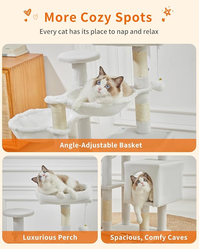 Taoqimiao Cat Tree, 39.4-Inch Cat Tower for Indoor Cats,Suitable for Kittens,Plush Cat Condo with 5 Scratching Posts, Plush Perch,2 Hammock,Pompoms, MS019C Cream White