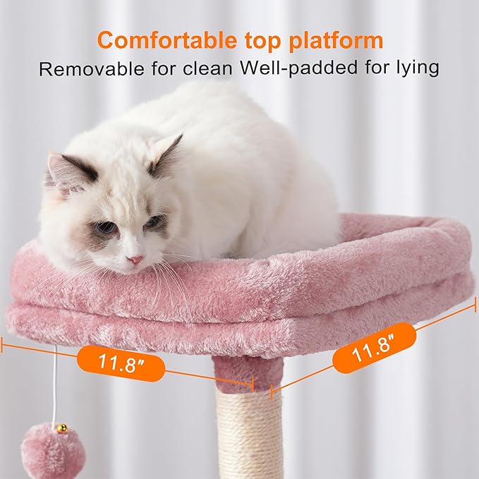 Heybly Cat Tree with Toy, Cat Tower condo for Indoor Cats, Cat House with Padded Plush Perch, Cozy Hammock and Sisal Scratching Posts, Skin Pink HCT004SP