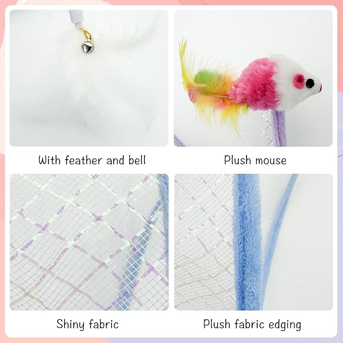 Andiker Folded Cat Tunnel Spring Toy, 10inch Spiral Cat Tunnels Toy with White Feather&Plush Mice&Bell 3 in 1 Folded Cat Tubes Interactive Cat Toys for Indoor Cats to Exercise, Relax (Purple, L)