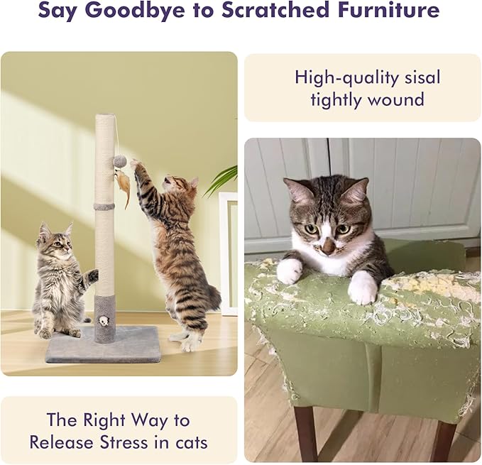 Cat Scratching Post with Premium Sisal Rope for Indoor 34in Tall Scratcher Post Tree with Mouse Hole, Hanging Ball for Adult Cats and Kittens