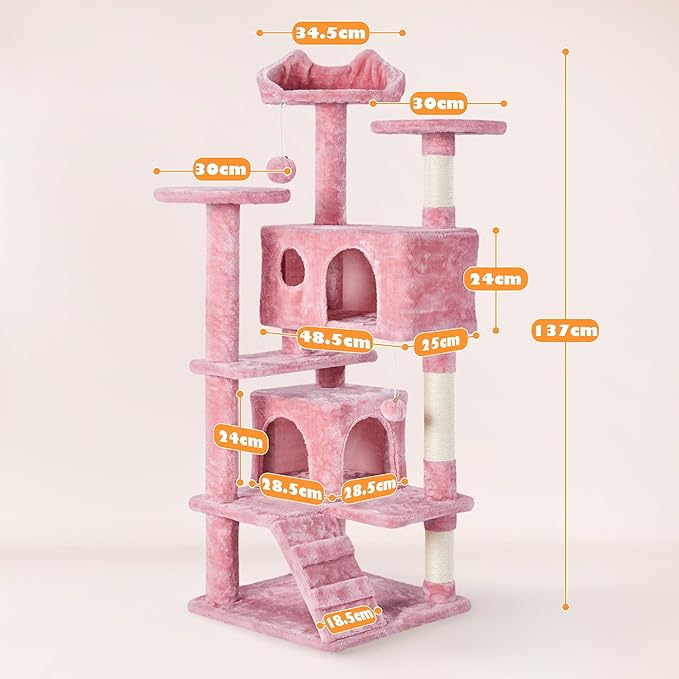 Yaheetech 54in Cat Tree Tower, Multi-Level Cat Tree for Indoor Cats with Scratching Posts, Dangling Balls Cat Play House, Pink