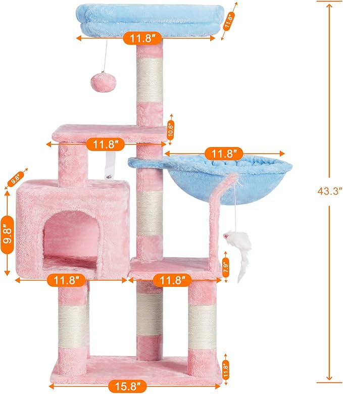 Heybly Cat Tree with Toy, Cat Tower condo for Indoor Cats, Cat House with Padded Plush Perch, Cozy Hammock and Sisal Scratching Posts, Blue and Pink HCT004SBP