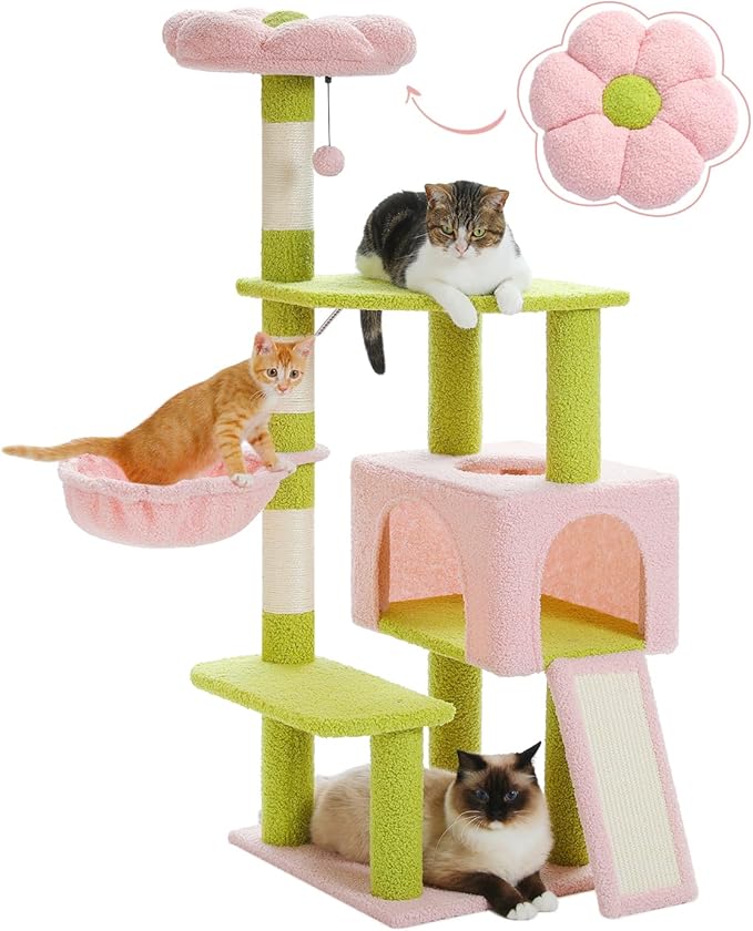 Flower Cat Tree 47.2" Multi-Level Cat Tower with Sisal Covered Scratching Posts, Cute Cat Condo for Indoor Small Medium Cats, Pink Top Perch, Ramp, Fluffy Ball, Pink