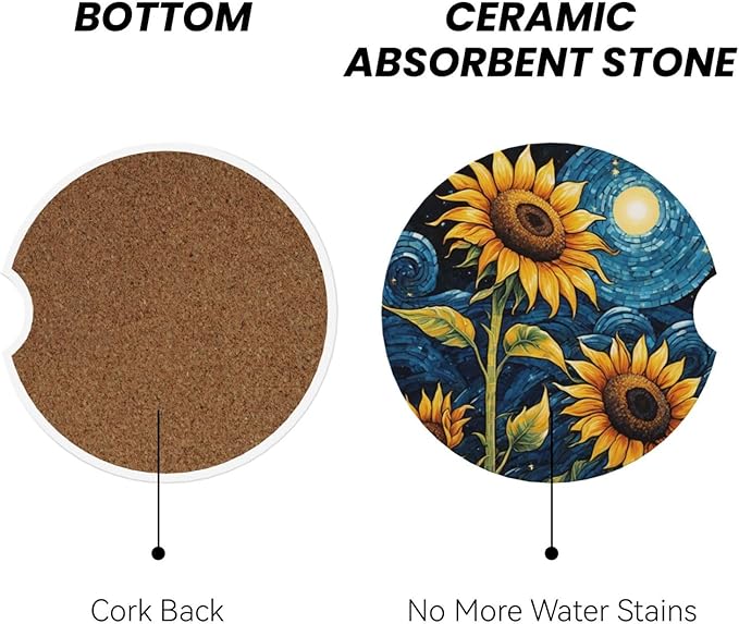 Absorbent Ceramic Car Coasters for Cup Holders, Sunflower Starry Sky Oil Painting Design 2.56" Anti Slip Universal Drink Cup Coasters for Women Men (2 Pack)