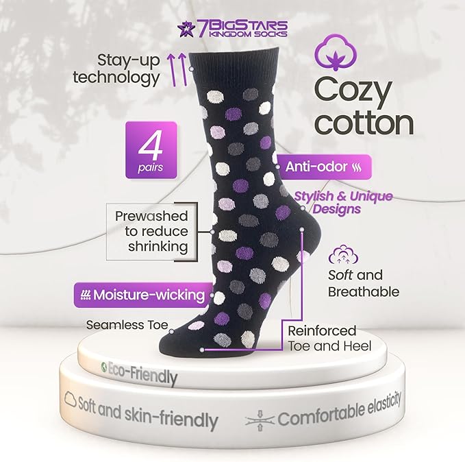 7BIGSTARS KINGDOM Womens Fun Cotton Crew Socks - 4 Pack L/M - Cactus Space Desert Coffee Fox Dog Hedgehog Puppy Flower Bird