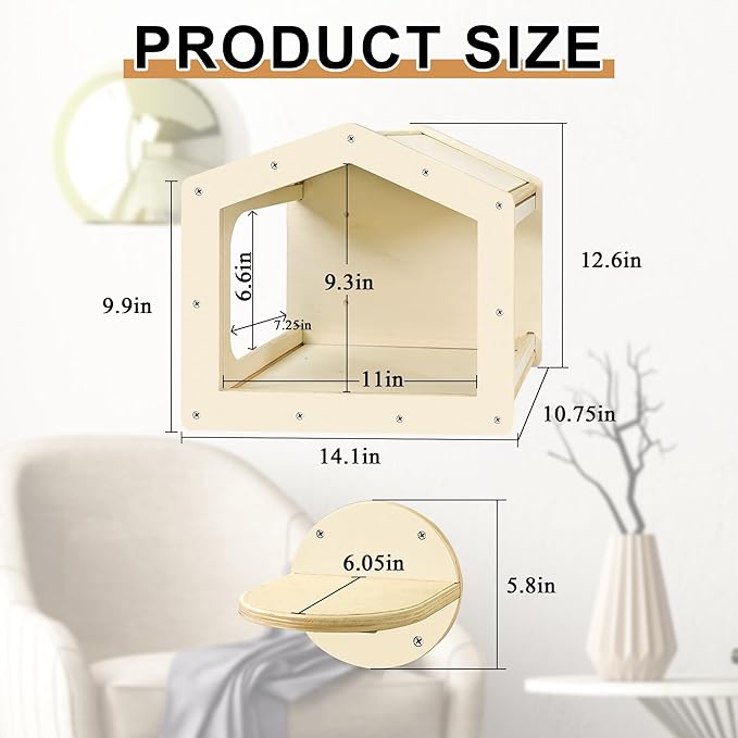 Cat Wall Shelves, Cat Shelves and Perches for Wall, Cat House Fit Cat Up to 25Lbs, 1 Cat Condo House and 3 Large Cat Steps with Scratching Pad, Cat Climbing Shelf for Indoor, Cat Wall Furniture