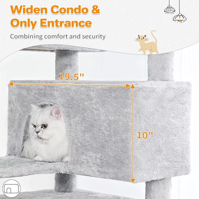 Made4Pets Cat Tree Tower 56in Cat Tower for Indoor Cats Kitten Tree Multi-Level Cat Tree with 2 Condo Furniture Activity Center with Scratching Posts Funny Toys Kittens Pet Play House, Light Grey