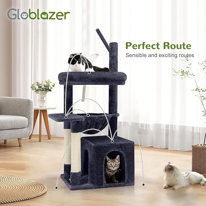 F46A Compact Cozy Cat Tree Tower | 46-Inch Sturdy Cat Condo with Scratching Posts, Hammock, and Anti-Tip Kit | Ideal for Small Spaces & Large Big Cats | Premium Quality Materials, Dark Grey