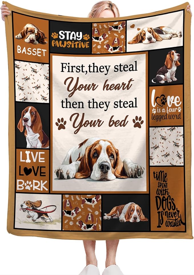 Basset Hound Blanket Ultra Soft Cozy Cute Dog Throw Blanket Fleece Fuzzy Plush Bedding Blanket Basset Hound Lovers Gifts for Women Girls Adults Couch Sofa 60"x50"