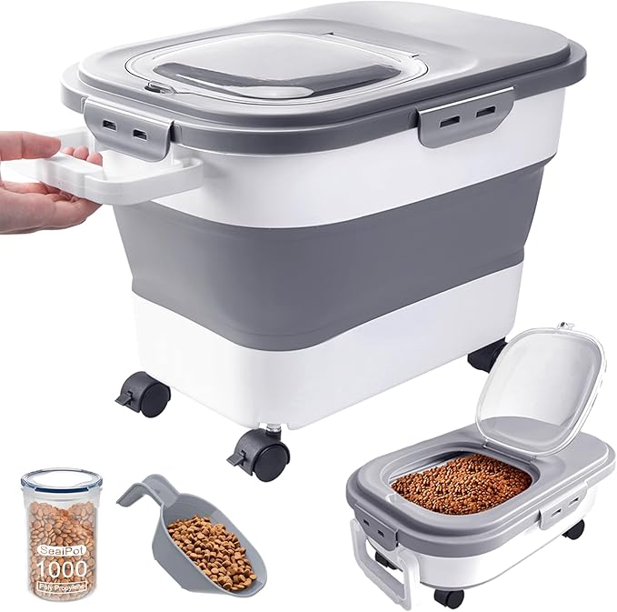 15-23 Lbs Airtight Dog Food Storage Container,Collapsible Dog Food Container with Lid,Wheels,Handle,Large Cat food storage Container with Scoop,Small Food Container for Dog Cat