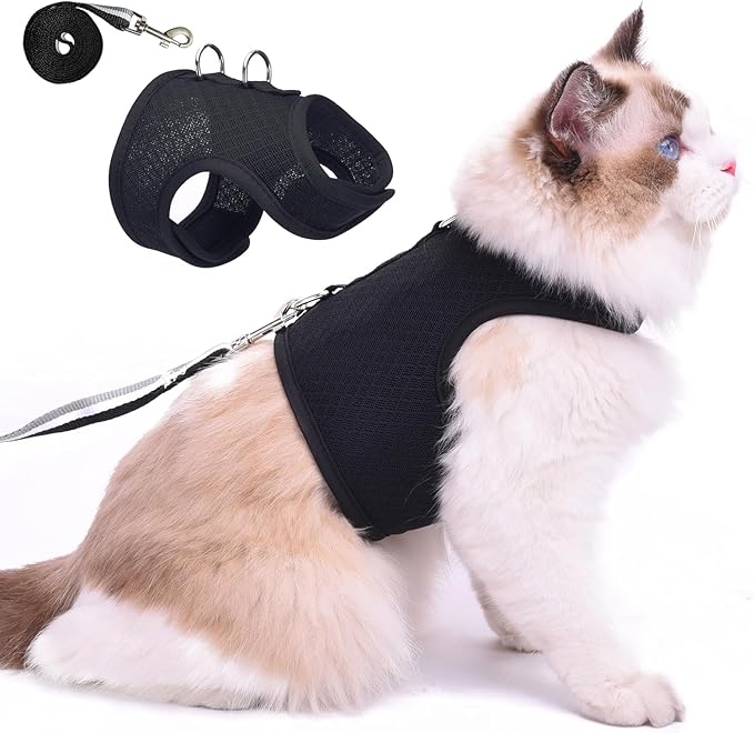 Kitty Harness and Leash for Walking Escape Proof Breathable Mesh Fabric, Solid Black, Small, Adjustable Cat Walking Jackets, Padded Stylish Cat Vest