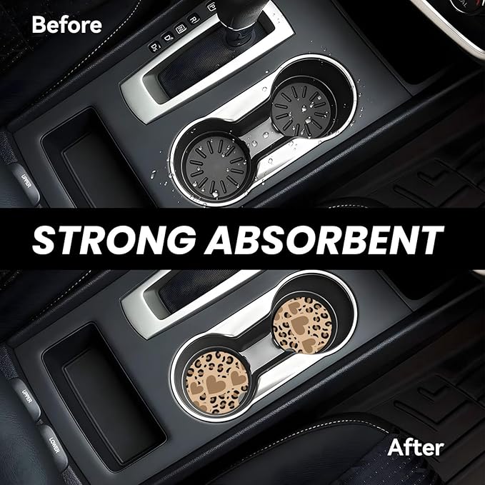 Absorbent Ceramic Car Coasters for Cup Holders, Brown Love Leopard Cheetah Print Design 2.56" Anti Slip Universal Drink Cup Coasters for Women Men (2 Pack)