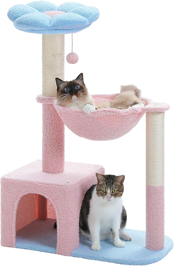 Flower Cat Tree with Large Metal Frame Hammock, 35" Pink Cat Tower with Sisal Scratching Posts for Small Indoor Cats, Cat Condo with Blue Top Perch for Kittens, Fluffy Ball, Pink