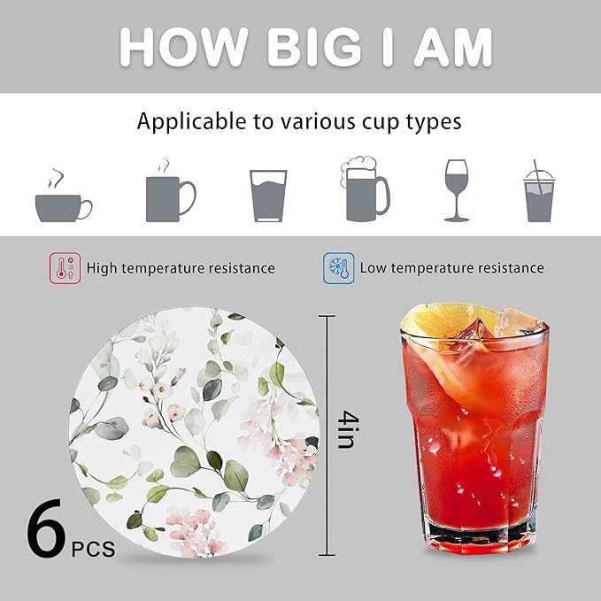 6 Pcs Drink Coasters with Holder,Abstract Watercolor Floral Green Leaves Absorbent Round Ceramic Coaster for Tabletop Protection,for Coffee Cup Beverage Coasters Wine Beer Bar
