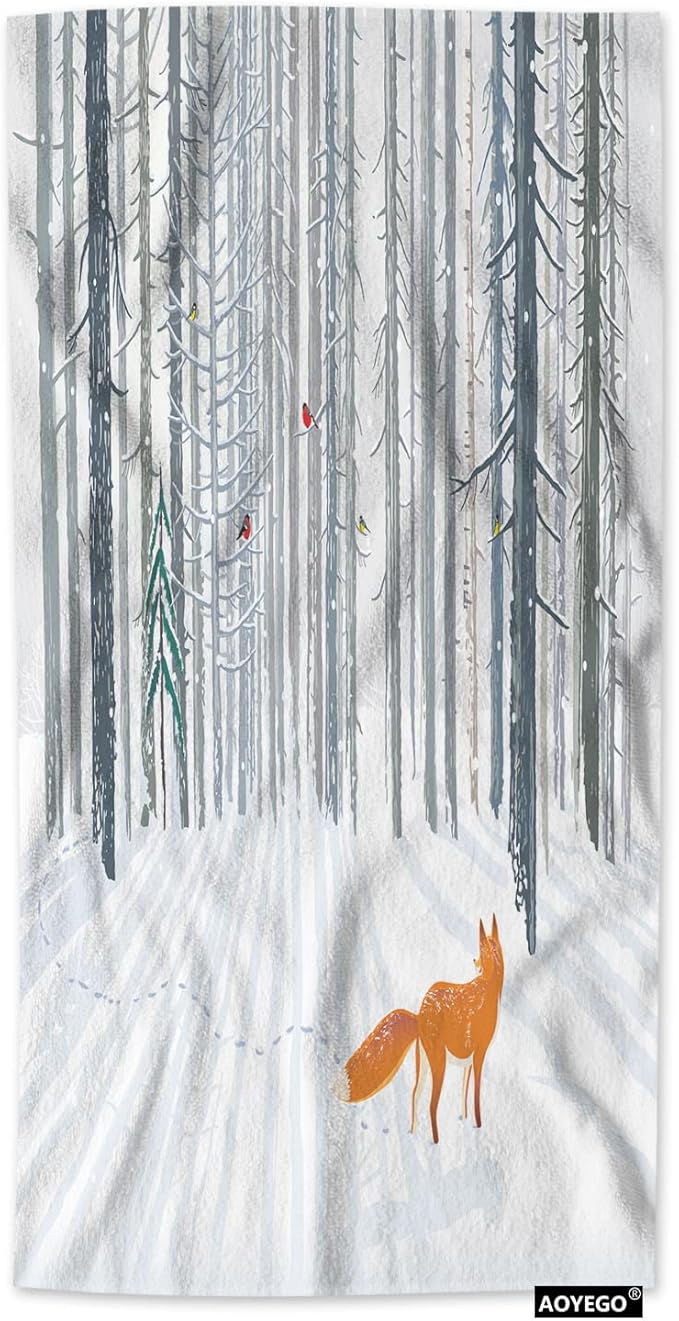 AOYEGO Fox Microfiber Towels Winter Tree Bird Snow Animal Frost Bath Towels Kitchen Hand Towels for Women Men Girls Boys 15x30 Inch