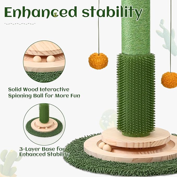 37.8" Tall Cat Scratching Post, Cactus Flower Cat Scratch Post with Natural Sisal Rope, Ball Track and Self Groomer Brush, Cute Cat Scratching Posts for Indoor Cats Adults and Kitten