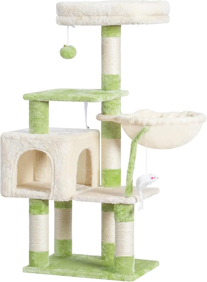 Heybly Cat Tree with Toy, Cat Tower condo for Indoor Cats, Cat House with Padded Plush Perch, Cozy Hammock and Sisal Scratching Posts, Green and Beige HCT004SGM