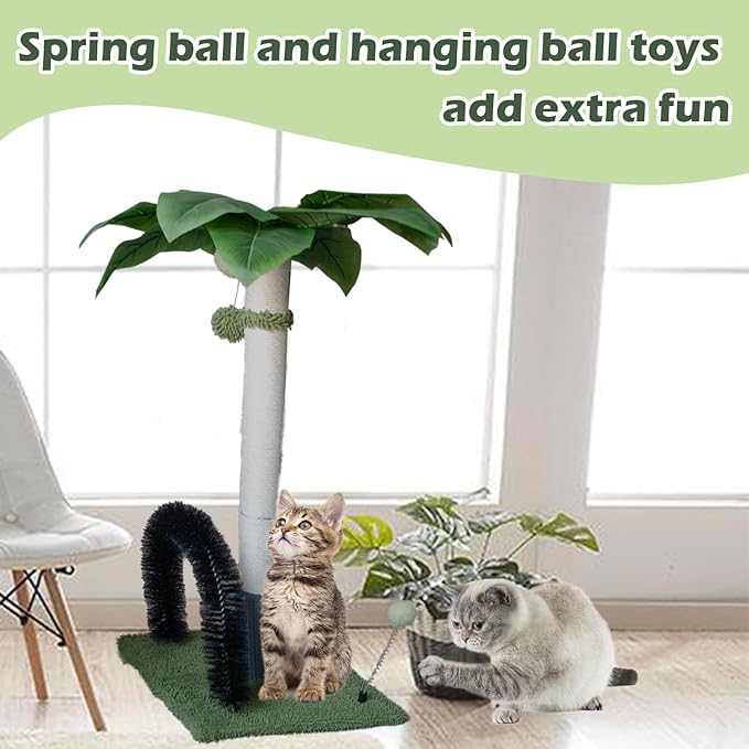 29.5" Tall Cat Scratching Post, Natural Sisal Scratching Posts with Self Groomer for Indoor Large Cats Kitten Scratch Posts with Hanging Ball and Spring Ball for Adult Cats Kittens Kitty(Green)