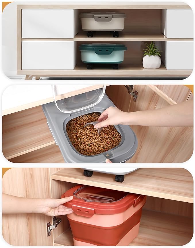 ANVS Dog Food Storage Container - Up to 20lbs Collapsible Dog Food Container with Casters, Scoop and 2.5L Small Pet Food Container to Keep Dry Pet Food Fresh (Khaki)