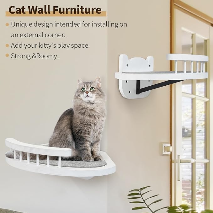 Cat Wall Shelves, Cat Shelves and Perches for Wall, Wood Cat Shelves Wall Mount, Cat Wall Furniture with 3 Cat Wall Steps Cat Scratch Post, Indoor Cat Climbing Shelf for Living Room, Bedroom (White)